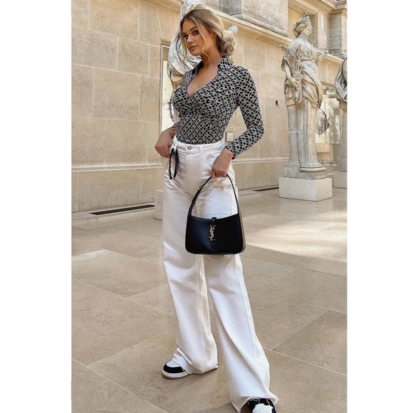 90s Style White Wide Leg Jeans High Waist Raw Hem - Picture 7 of 15